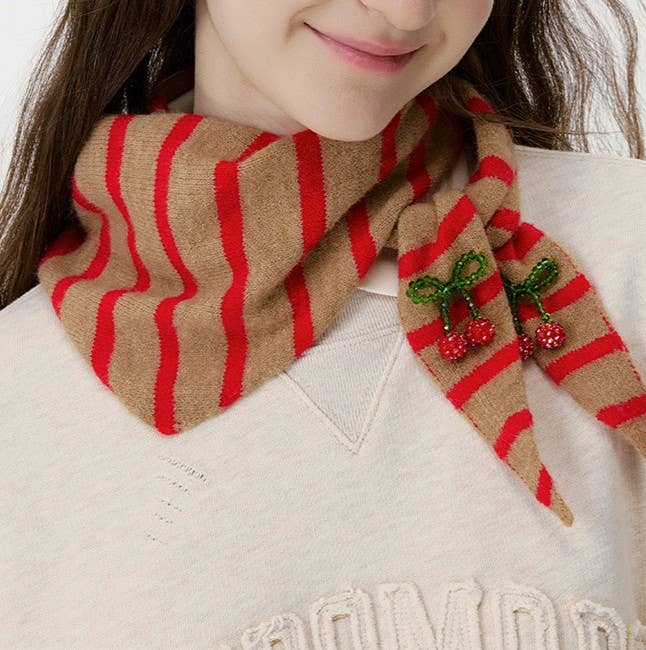 Striped Knit Triangle Scarf With Beaded Charms