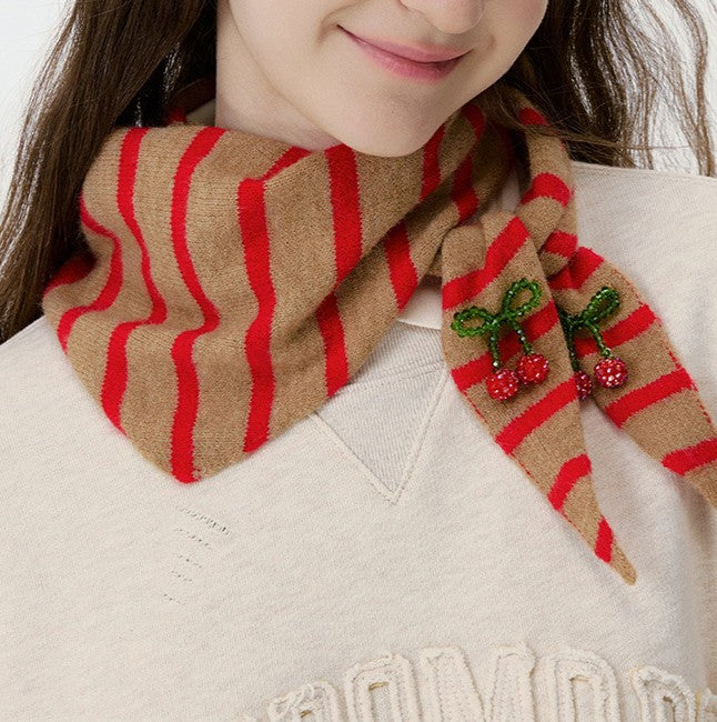 Striped Knit Triangle Scarf With Beaded Charms - view 1