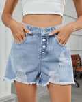 Button Fly Distressed Frayed Denim Shorts - Color_1