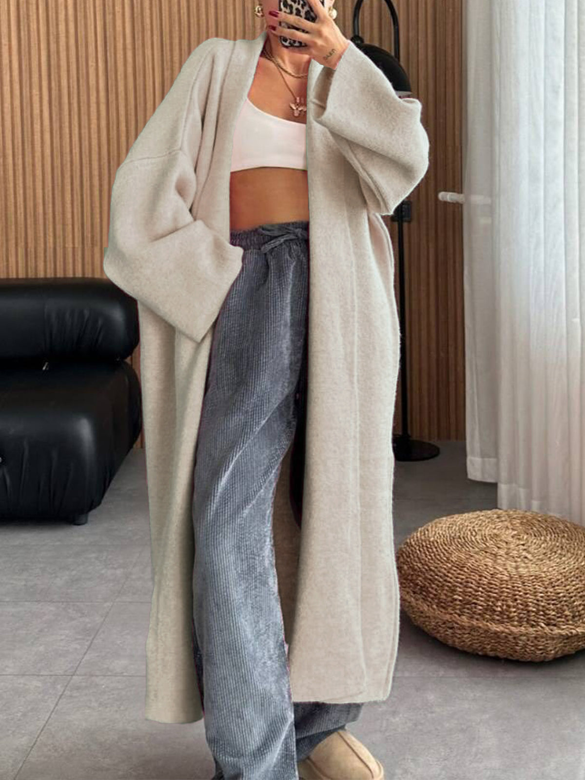 Floor Length Open Front Duster Cardigan - Apricot