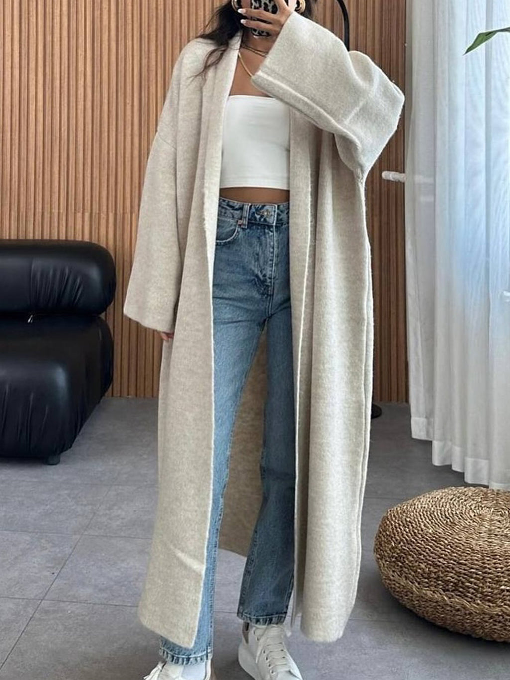 Floor Length Open Front Duster Cardigan - Apricot - 1