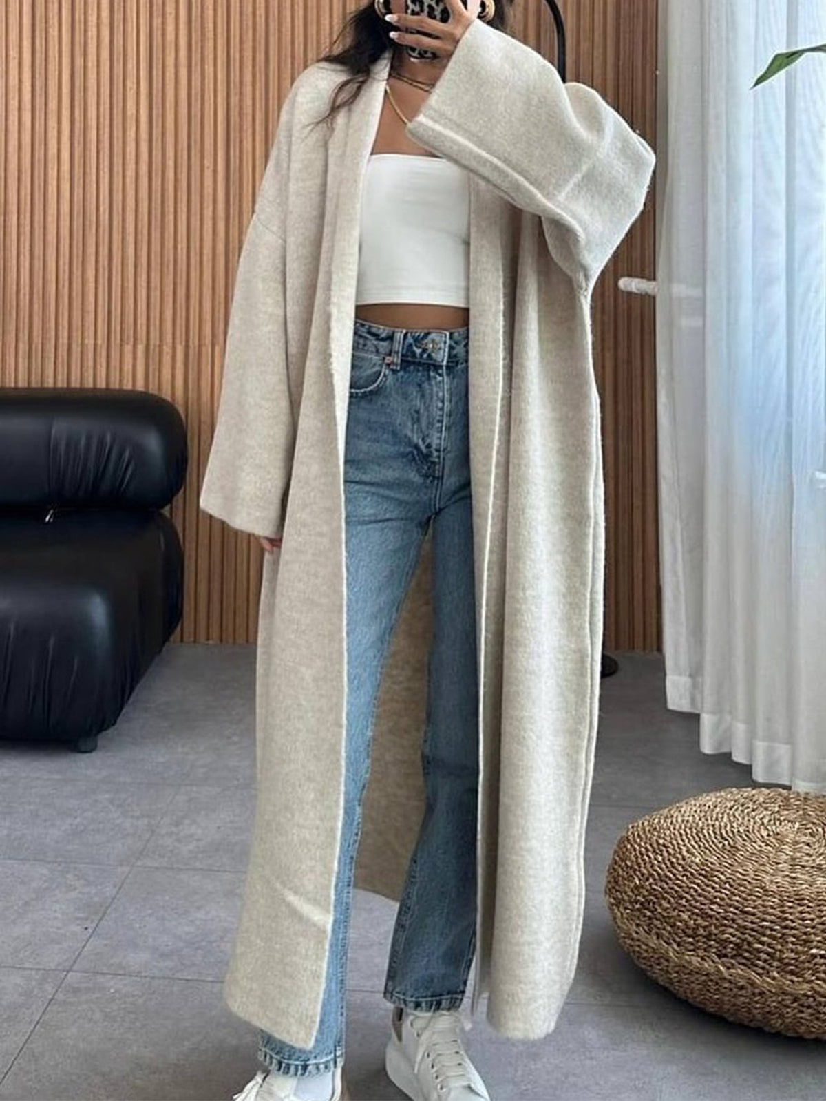 Floor Length Open Front Duster Cardigan - Apricot - 1