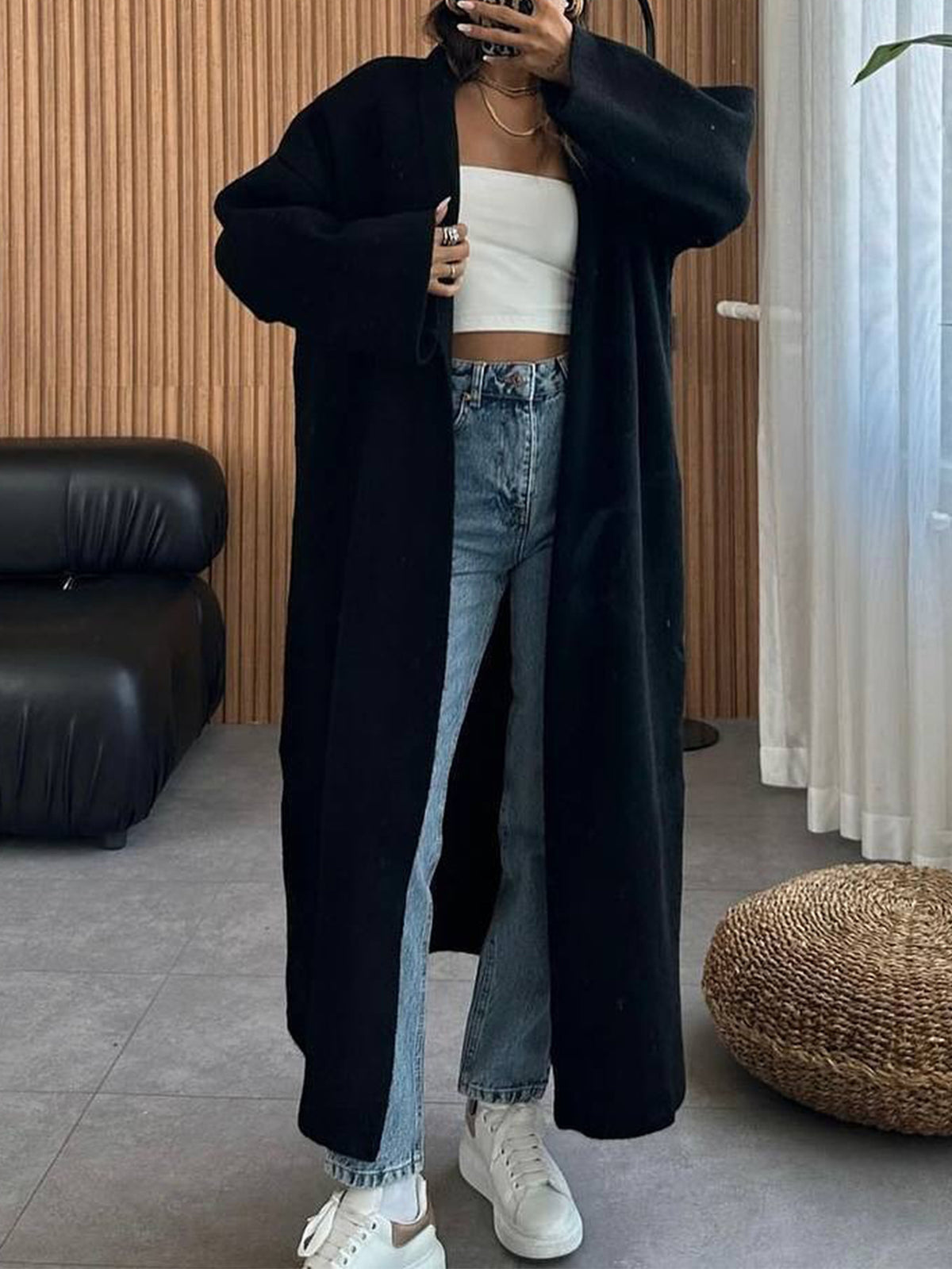 Floor Length Open Front Duster Cardigan - Black