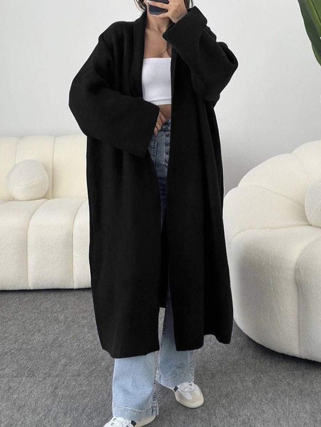 Floor Length Open Front Duster Cardigan - Black - 1