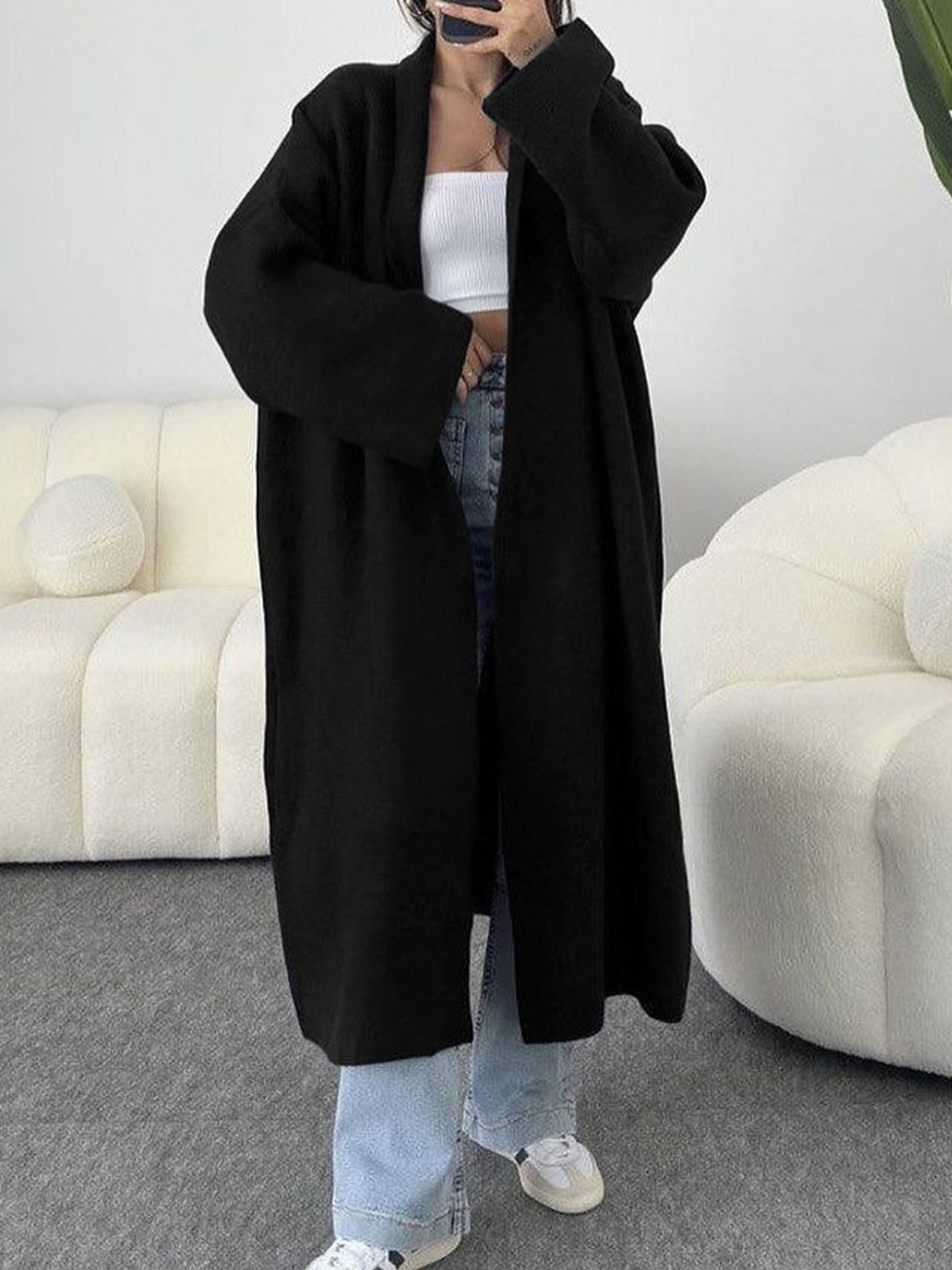 Floor Length Open Front Duster Cardigan - Black - 1