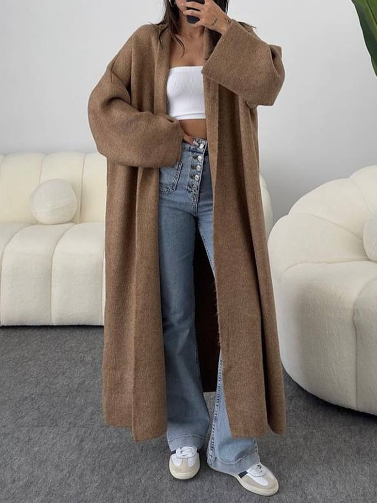 Floor Length Open Front Duster Cardigan - Brown