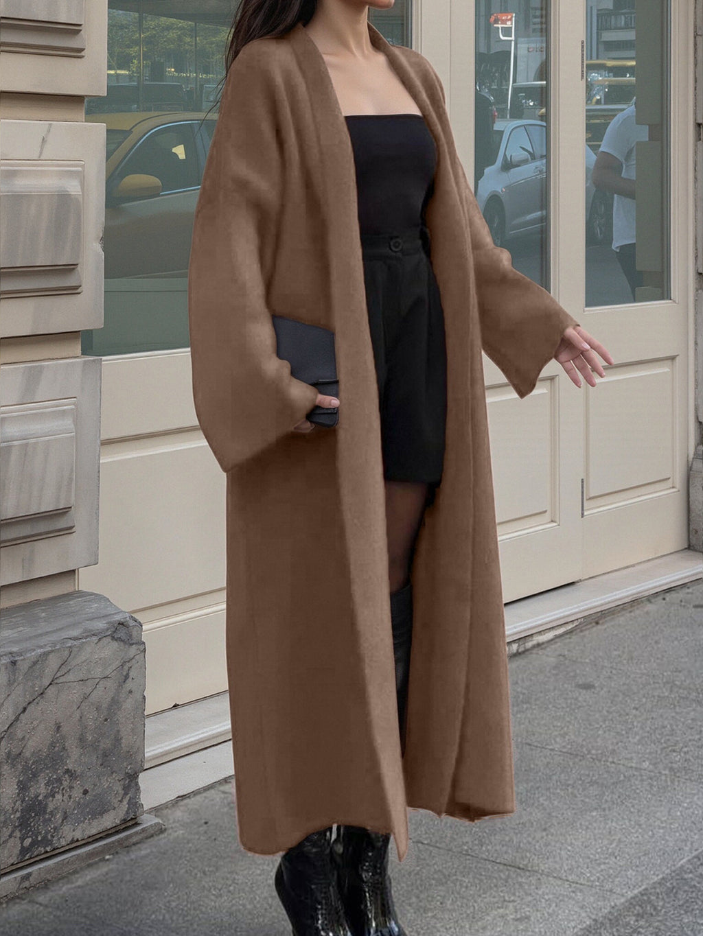 Floor Length Open Front Duster Cardigan - Brown - 1