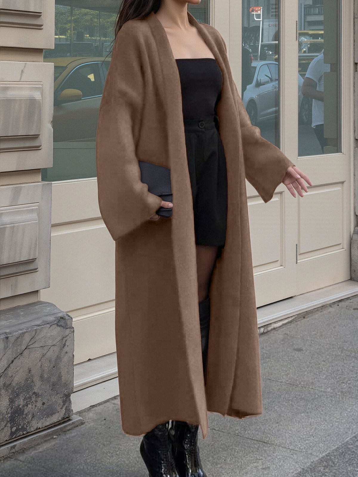Floor Length Open Front Duster Cardigan - Brown - 1