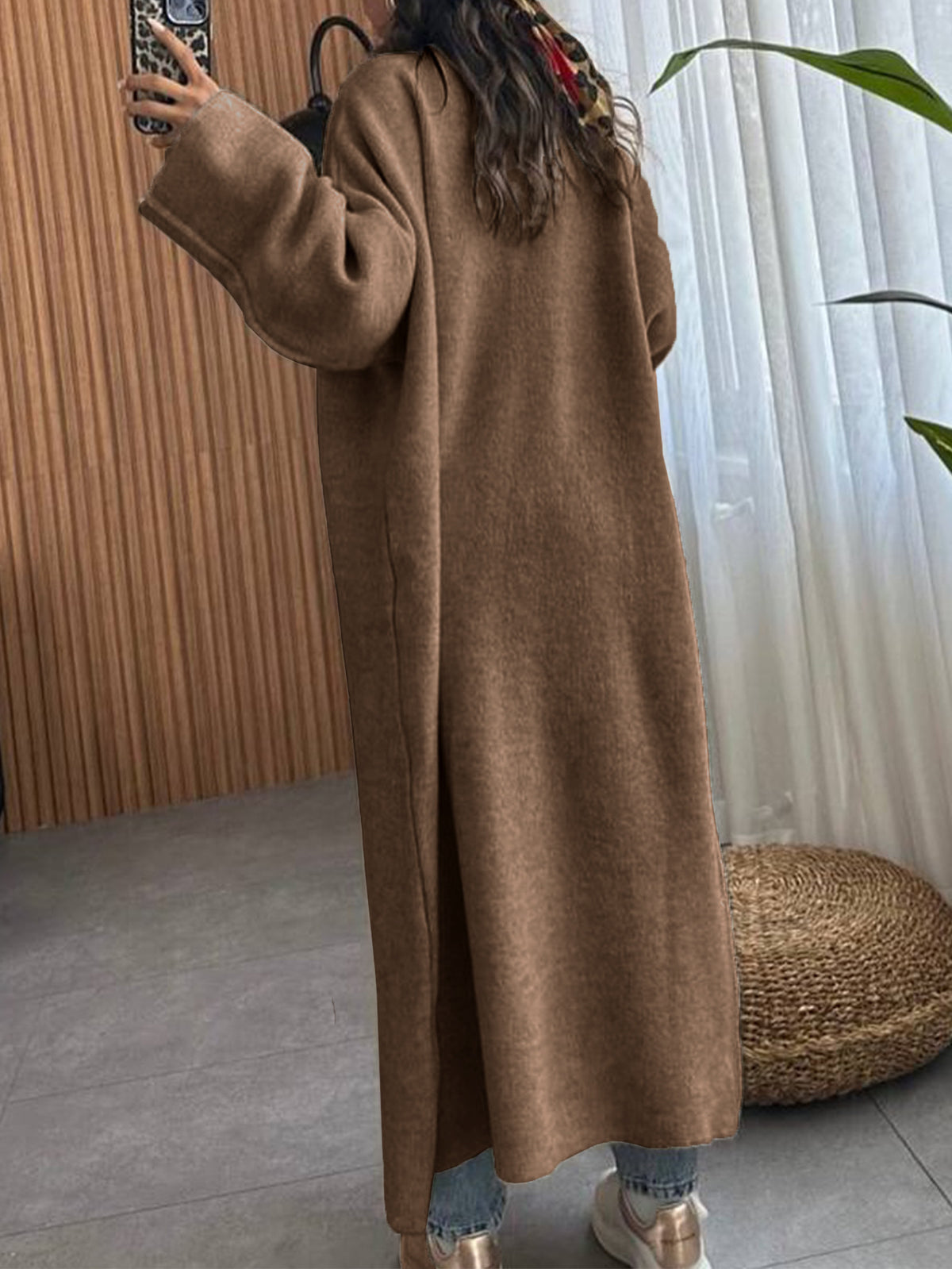 Floor Length Open Front Duster Cardigan - Brown - 2
