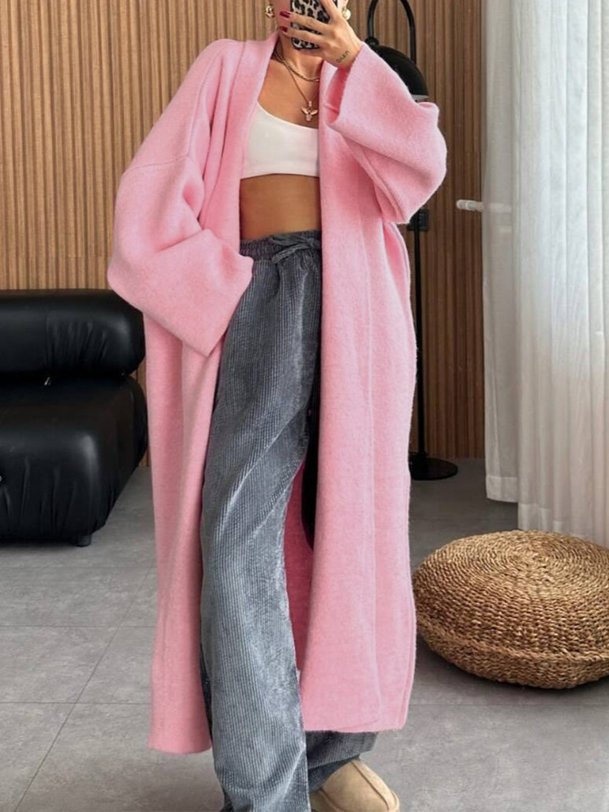Floor Length Open Front Duster Cardigan - Pink