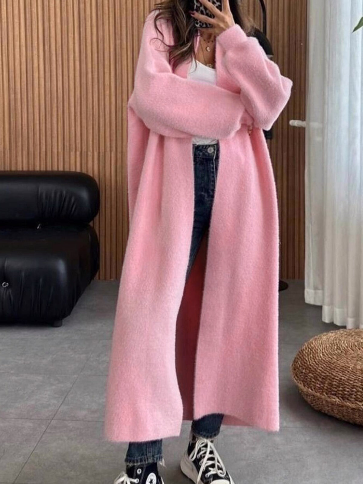 Floor Length Open Front Duster Cardigan - Pink - 2