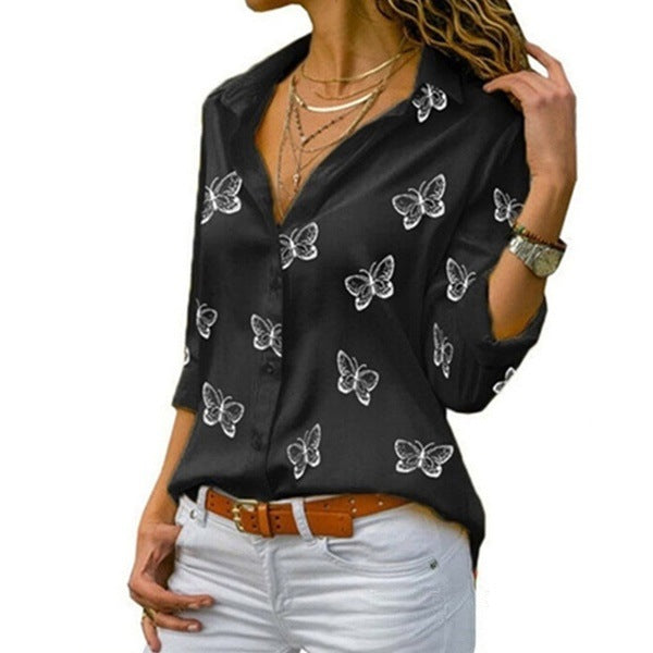 Butterfly Print Lapel Roll Sleeve Shirt - Black