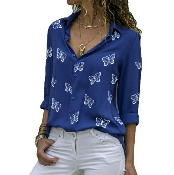 Butterfly Print Lapel Roll Sleeve Shirt - Blue