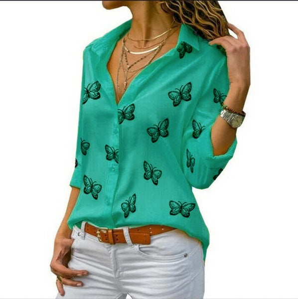 Butterfly Print Lapel Roll Sleeve Shirt - Green
