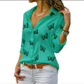Butterfly Print Lapel Roll Sleeve Shirt - Green