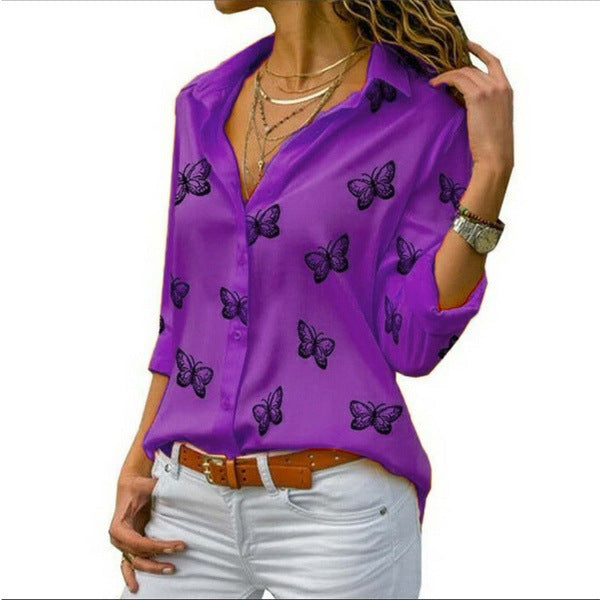 Butterfly Print Lapel Roll Sleeve Shirt - Purple