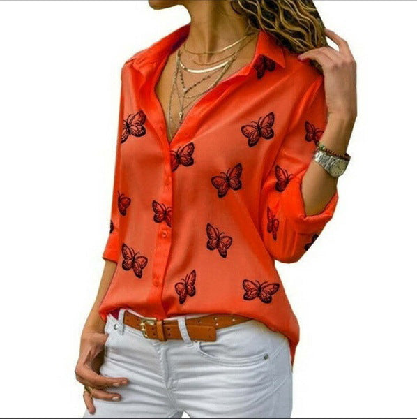 Butterfly Print Lapel Roll Sleeve Shirt - Red