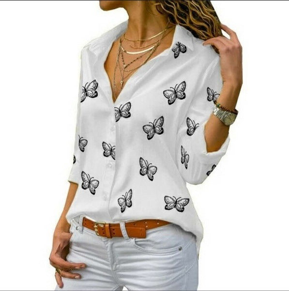 Butterfly Print Lapel Roll Sleeve Shirt - White