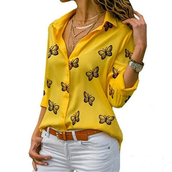 Butterfly Print Lapel Roll Sleeve Shirt - Yellow