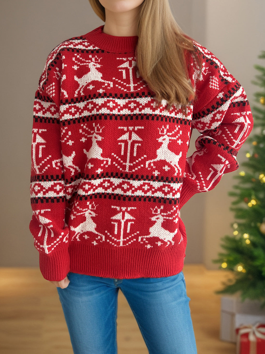 Red Reindeer Fair Isle Christmas Sweater - Red - 4