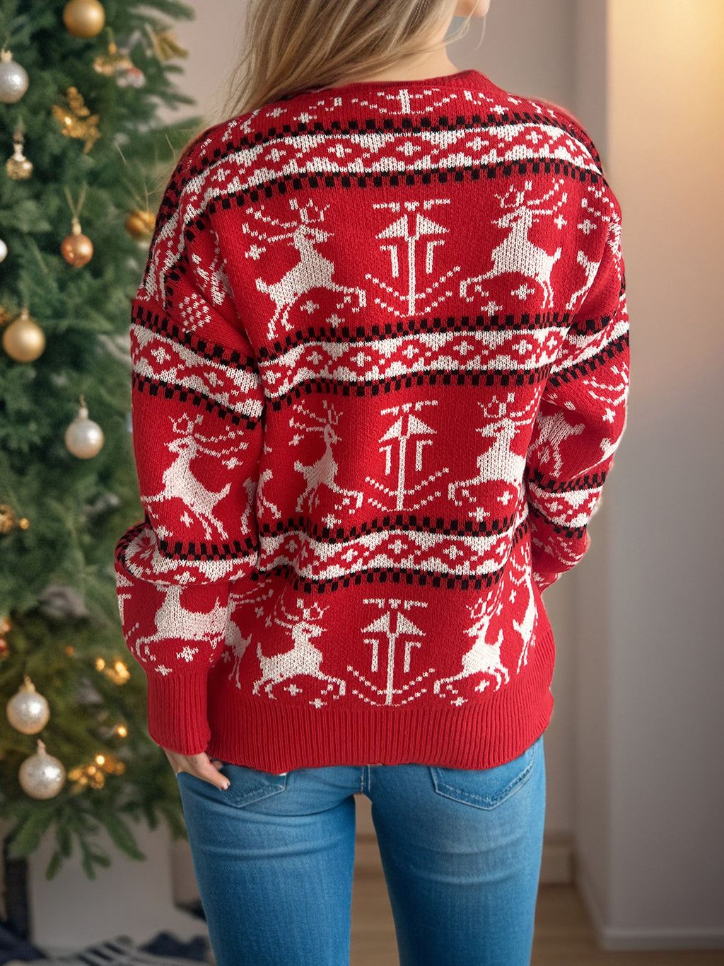 Red Reindeer Fair Isle Christmas Sweater - Red - 6