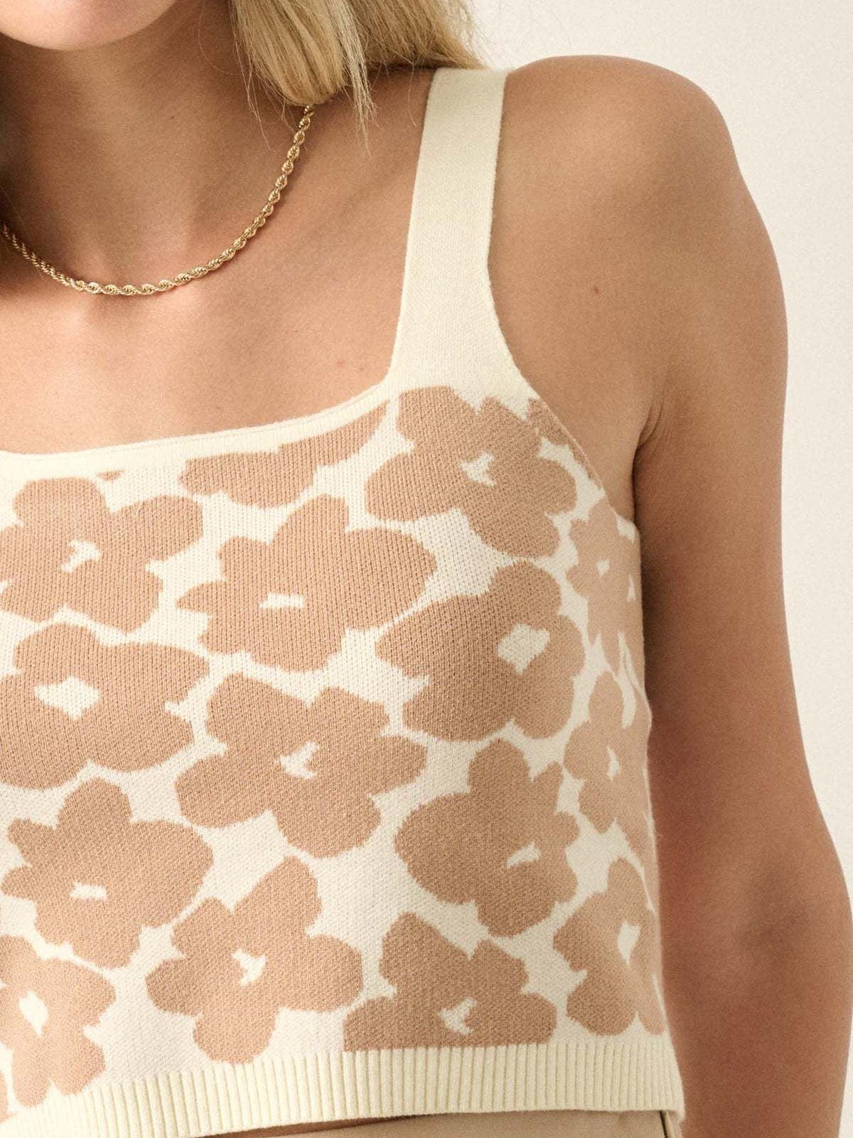 Retro Daisy Jacquard Knit Crop Cami - Brown - 1