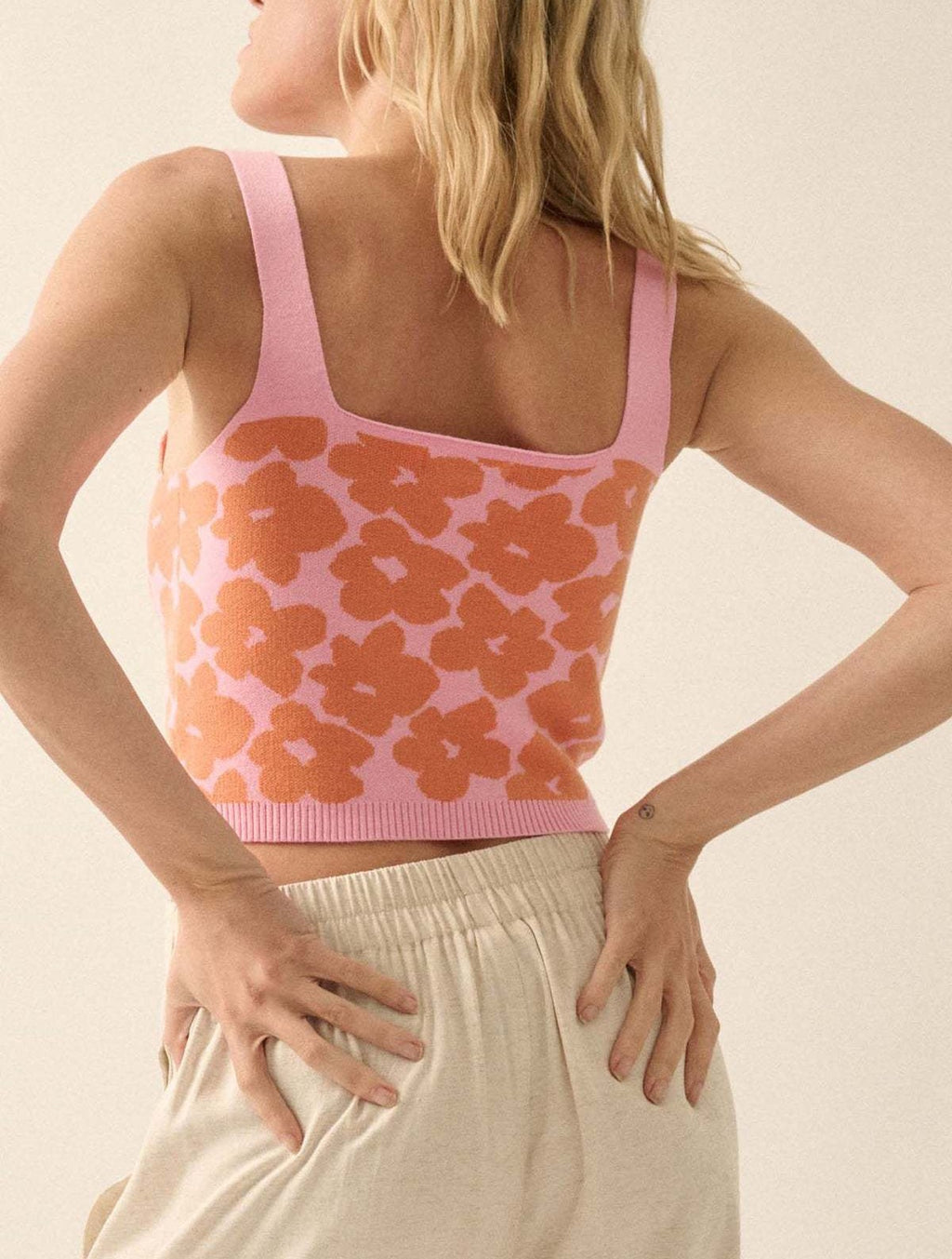 Retro Daisy Jacquard Knit Crop Cami - Orange - 1
