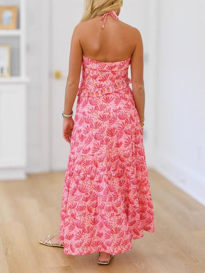 Floral Halter Top and Tiered Maxi Skirt Set - Red - 1