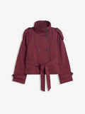 Double Breasted Cropped Trench Jacket With Belt - WineRed