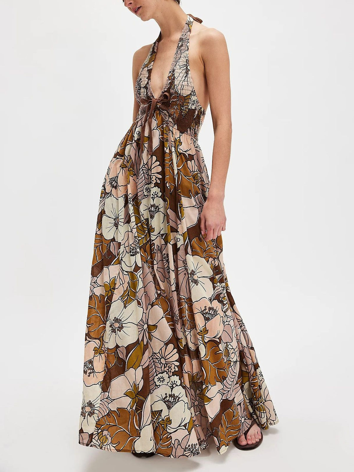 Tie Front Halter Floral Maxi Beach Dress - Coffee