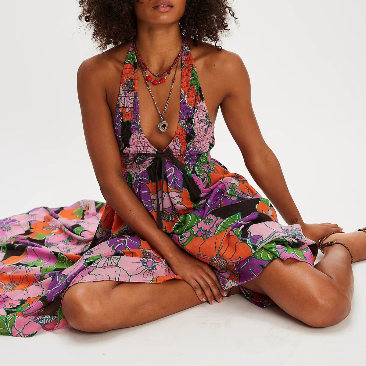 Tie Front Halter Floral Maxi Beach Dress - Purple