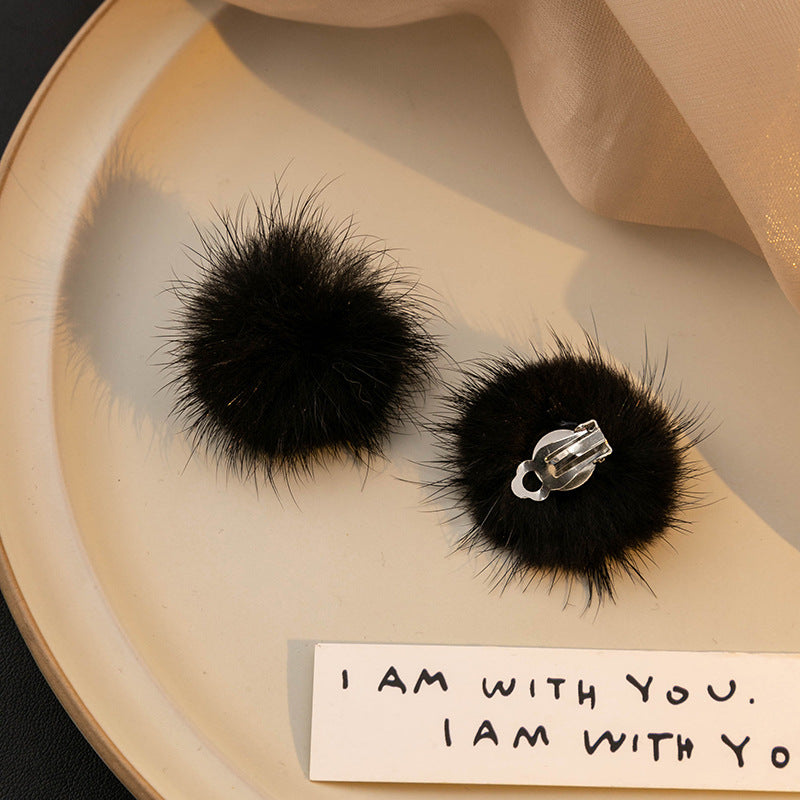 Round Fluffy Pom Ball Stud Earrings - Black - 1