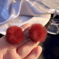 Round Fluffy Pom Ball Stud Earrings - WineRed