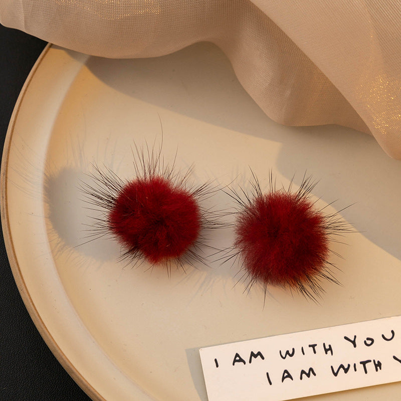 Round Fluffy Pom Ball Stud Earrings - WineRed - 1