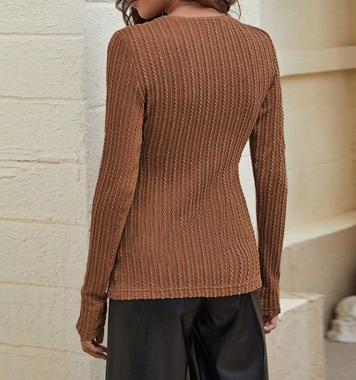 Lace Up V Neck Ribbed Knit Top - Brown - 2