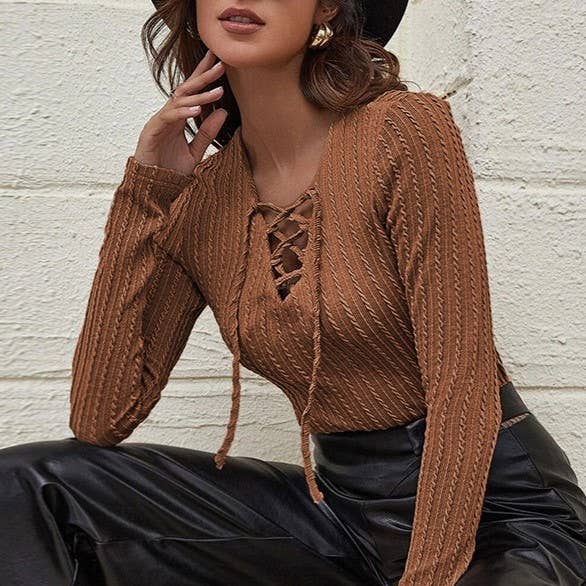 Lace Up V Neck Ribbed Knit Top