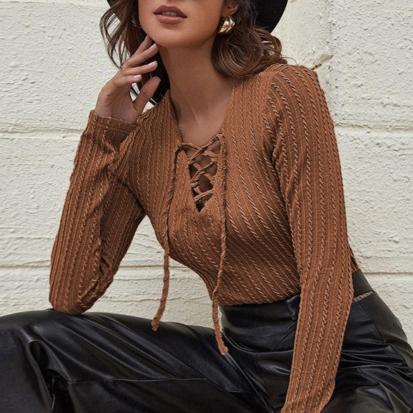 Lace Up V Neck Ribbed Knit Top - view 1