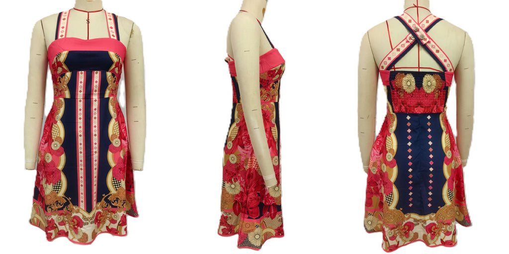 Boho Print Halter Neck Mini Dress - Red