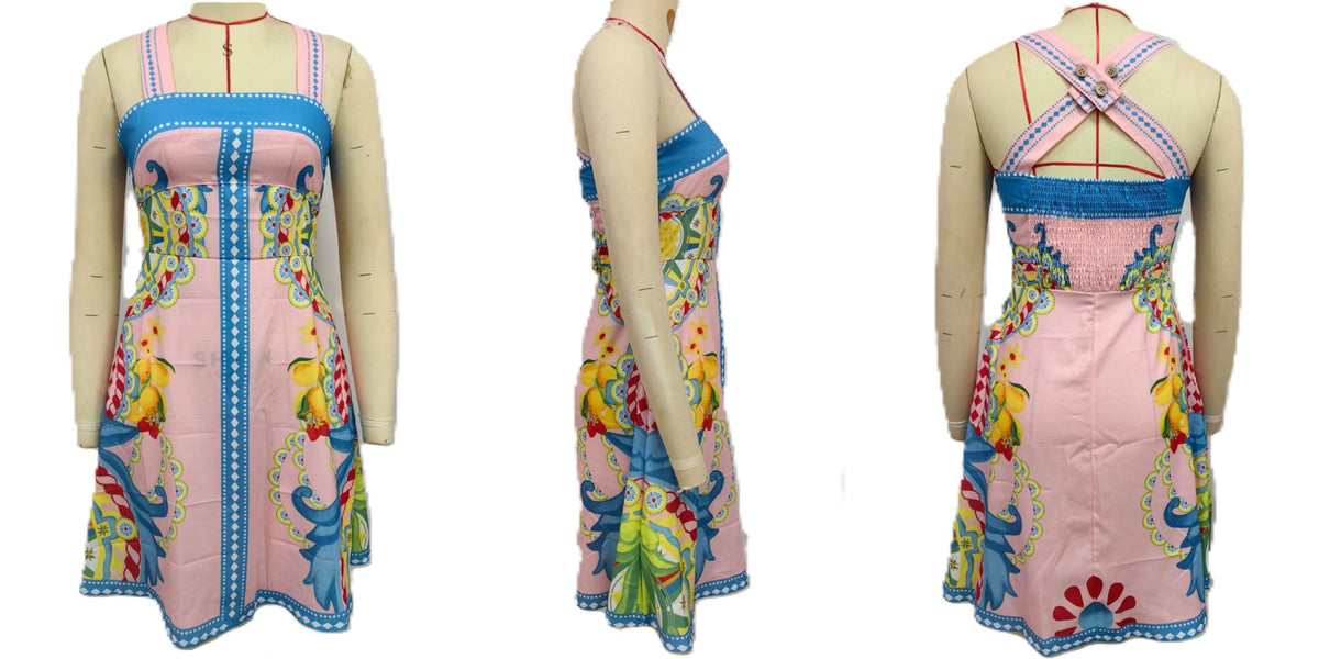 Boho Print Halter Neck Mini Dress - SkyBlue