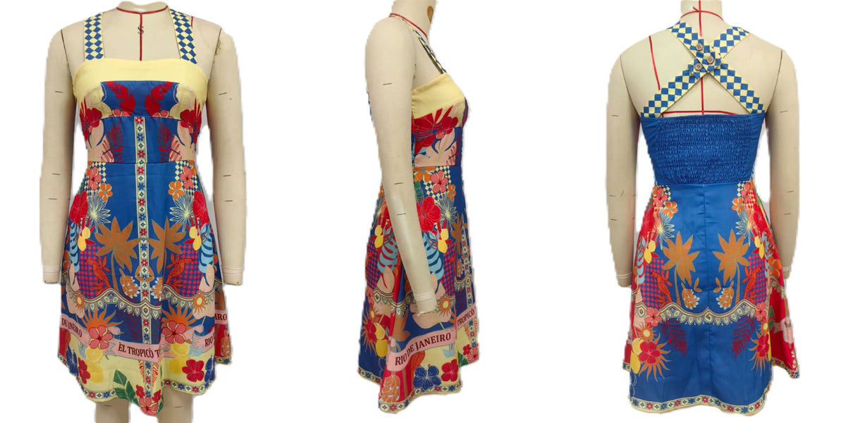 Boho Print Halter Neck Mini Dress - Yellow