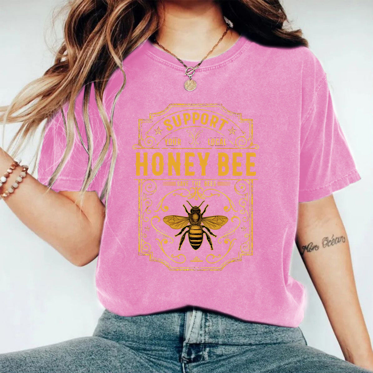 Support Local Bees Vintage Graphic Tee - Pink