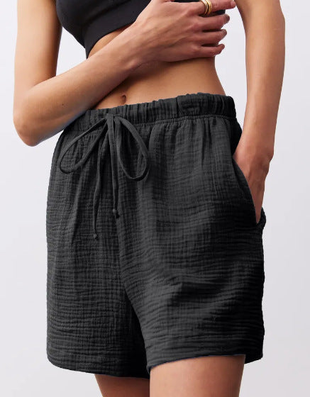 Crinkle Cotton Gauze Drawstring Shorts - black - 2