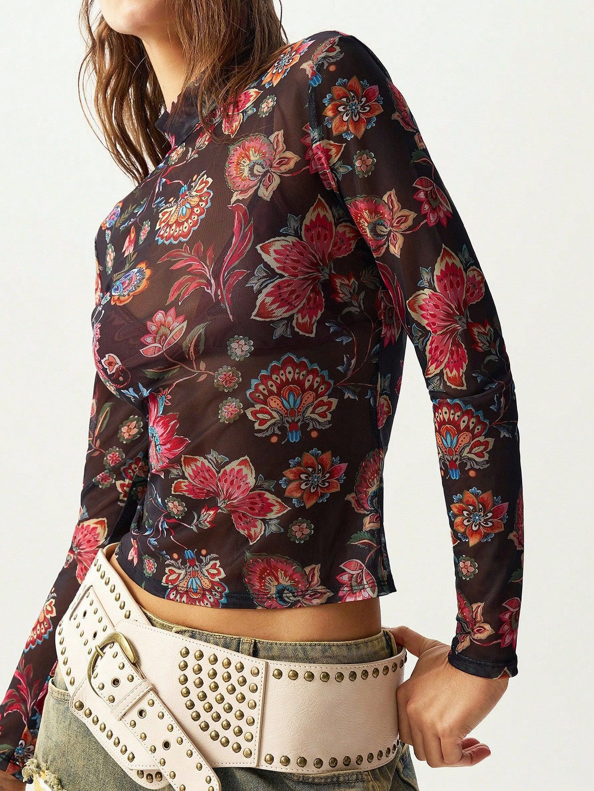 Vintage Jacobean Floral Mesh Mock Neck Fitted Top - Black