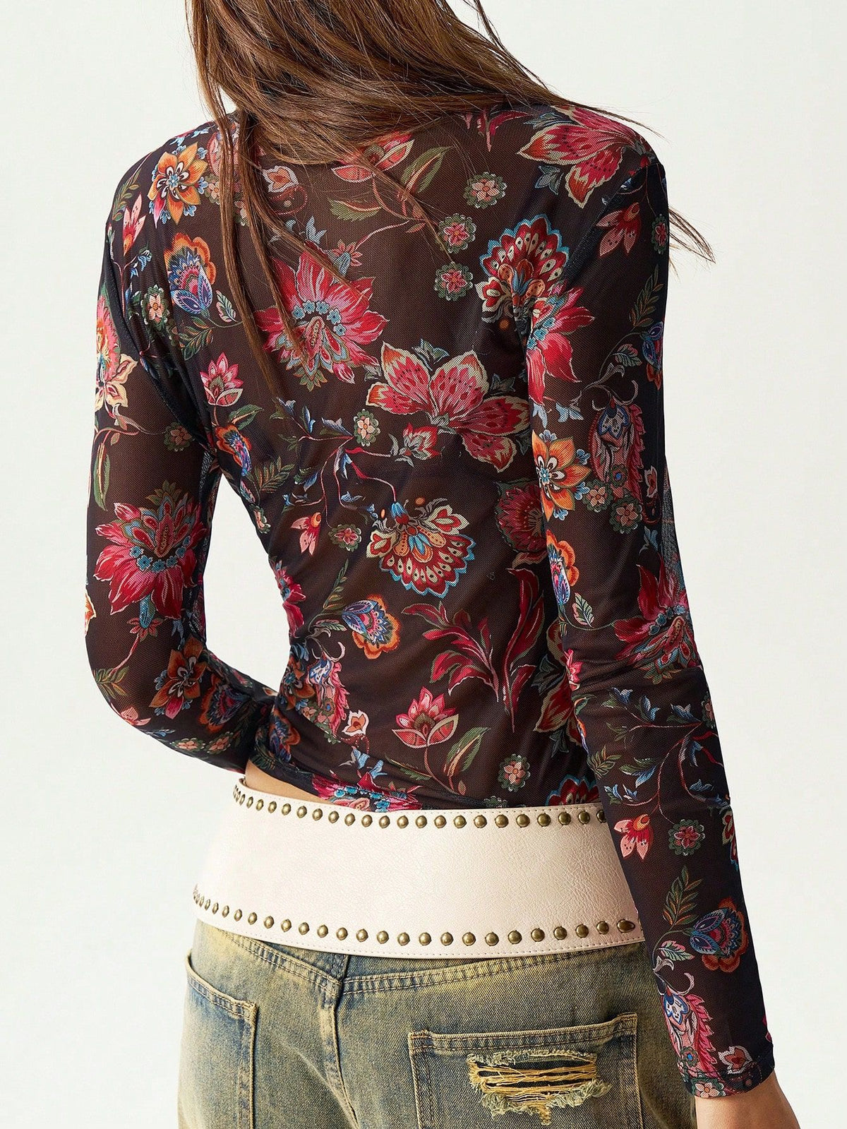 Vintage Jacobean Floral Mesh Mock Neck Fitted Top - Black - 1