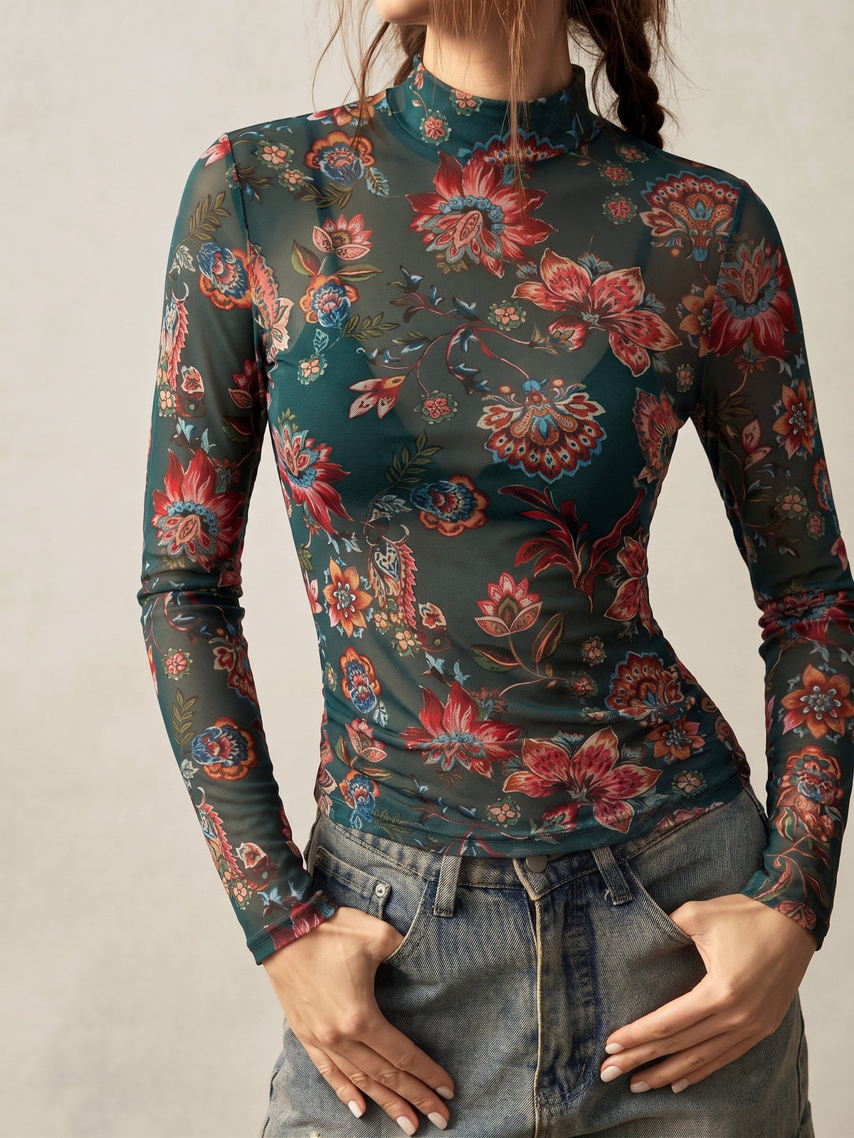 Vintage Jacobean Floral Mesh Mock Neck Fitted Top - DkGreen