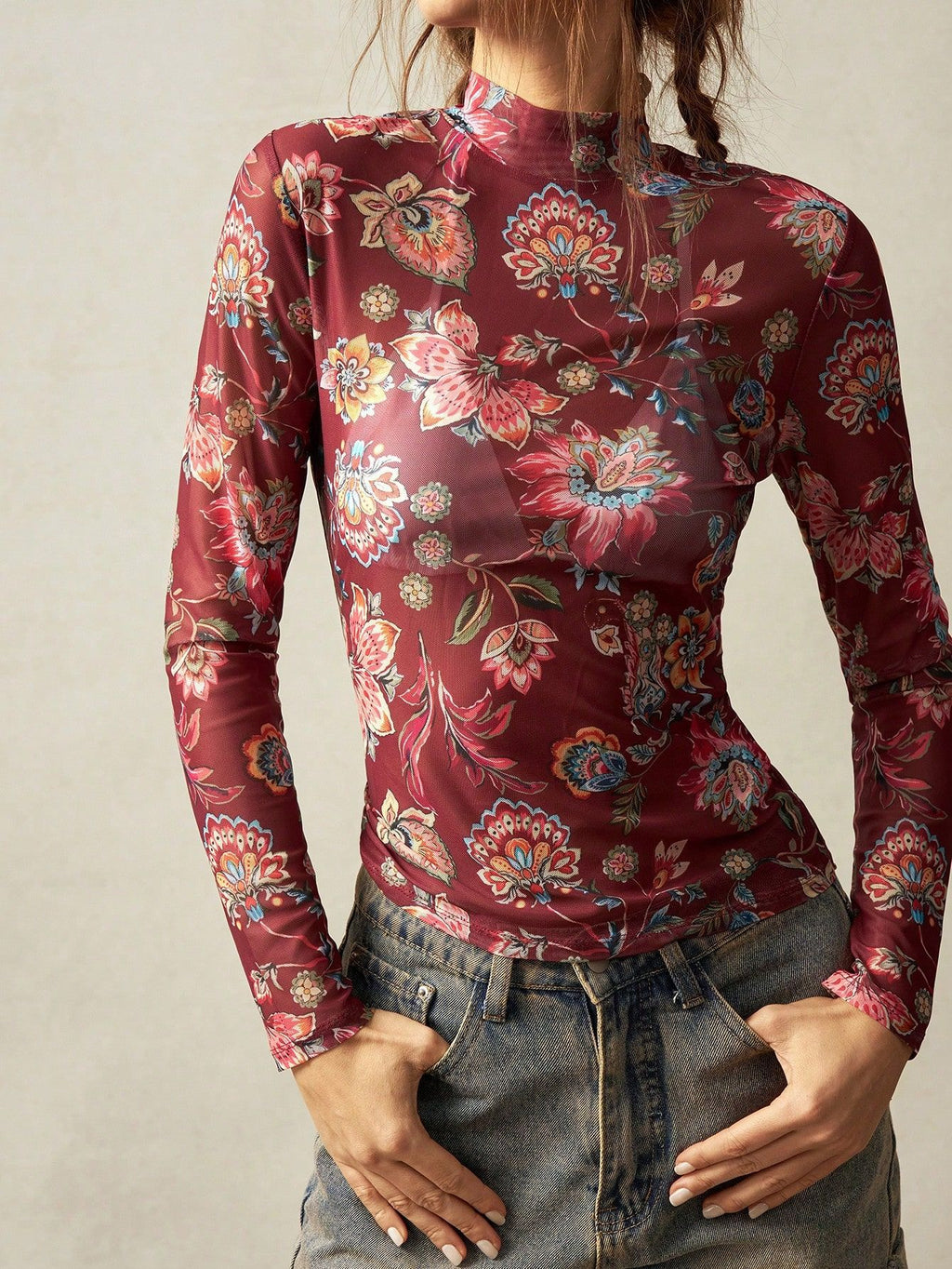 Vintage Jacobean Floral Mesh Mock Neck Fitted Top - WineRed