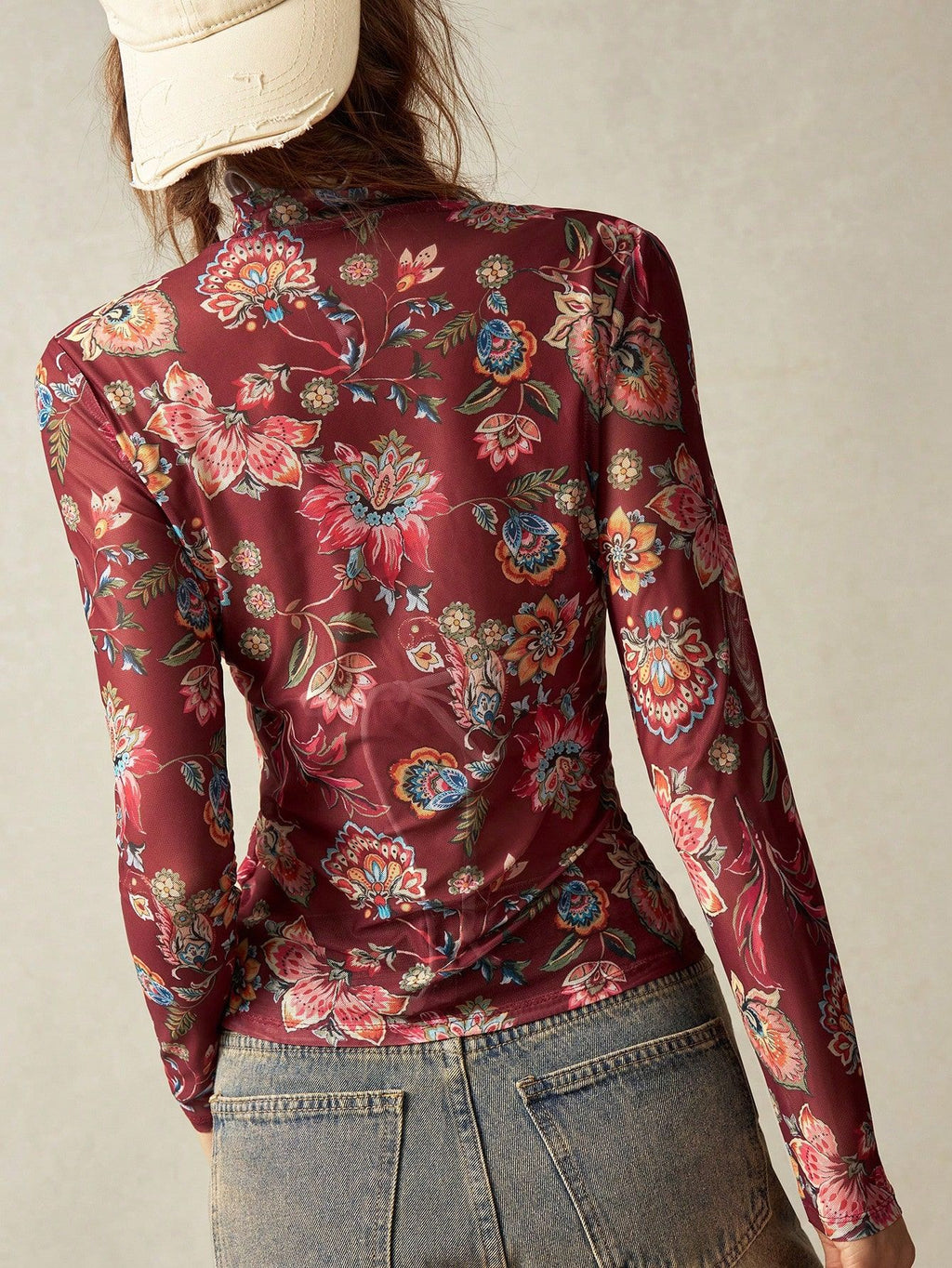 Vintage Jacobean Floral Mesh Mock Neck Fitted Top - WineRed - 2