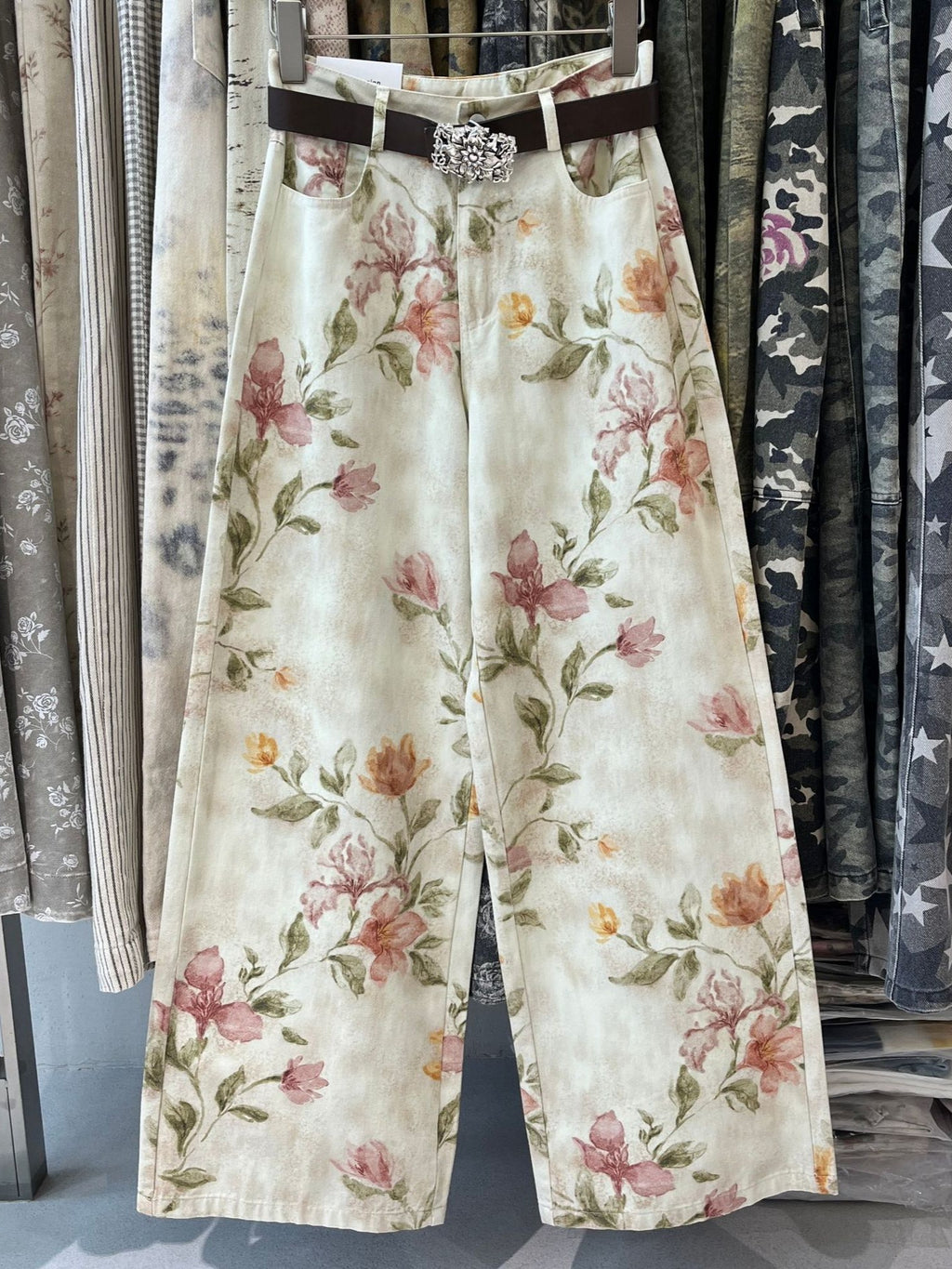 Watercolor Floral Print Wide Leg Jeans - Floral - 1