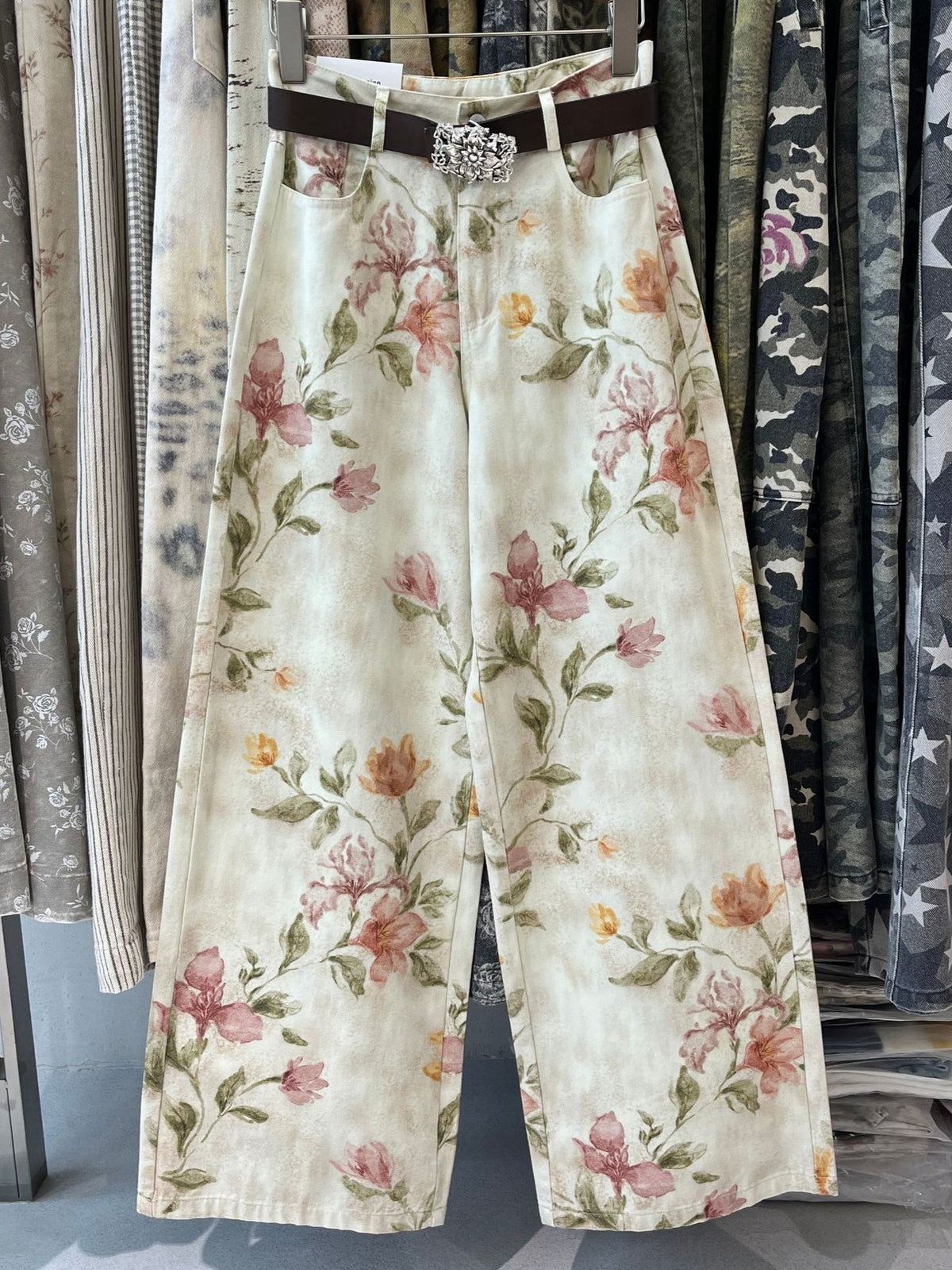 Watercolor Floral Print Wide Leg Jeans - Floral - 1