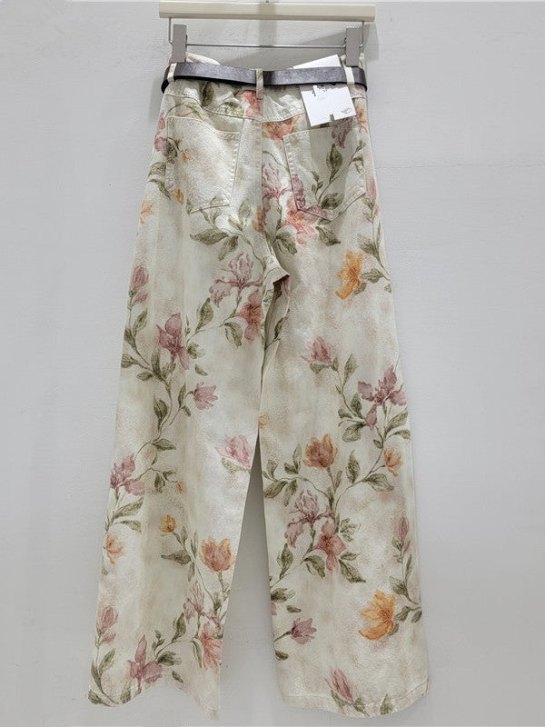 Watercolor Floral Print Wide Leg Jeans - Floral - 10